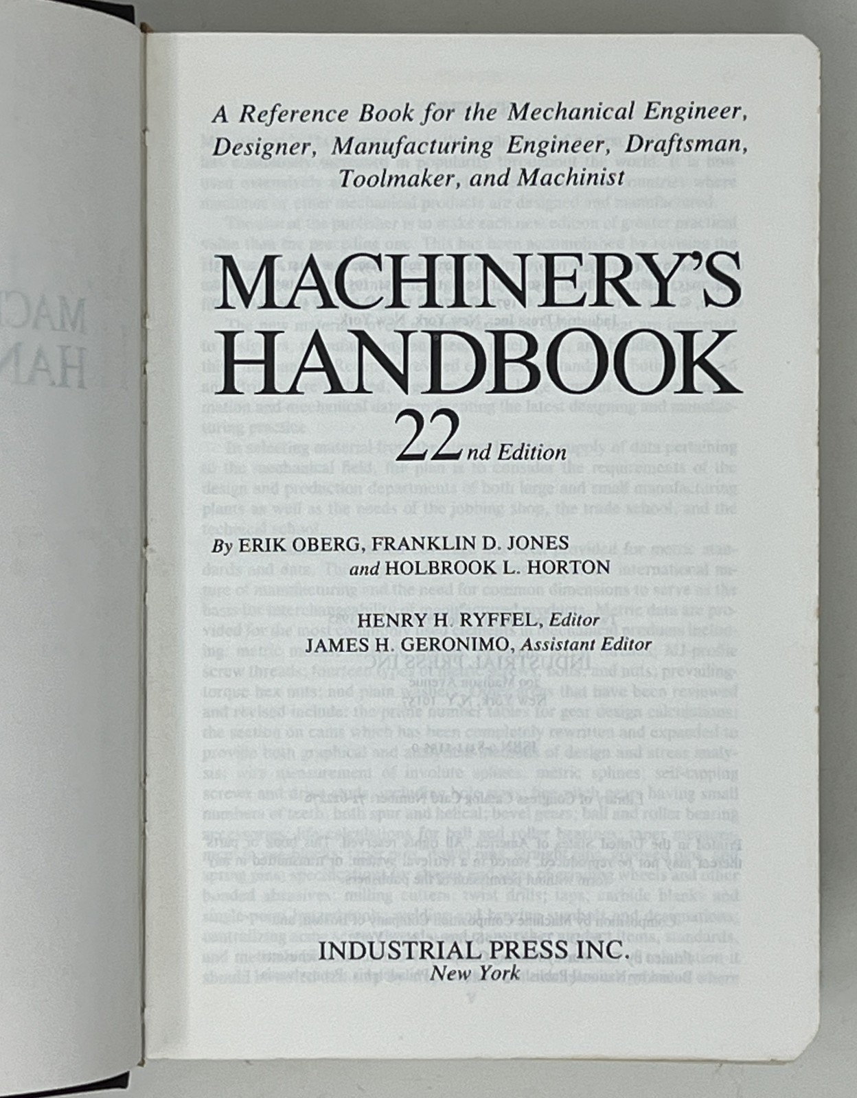 VTG Machinery’s Handbook: 22nd Ed. by Oberg, Jones & Horton – 1985 HC/DJ
